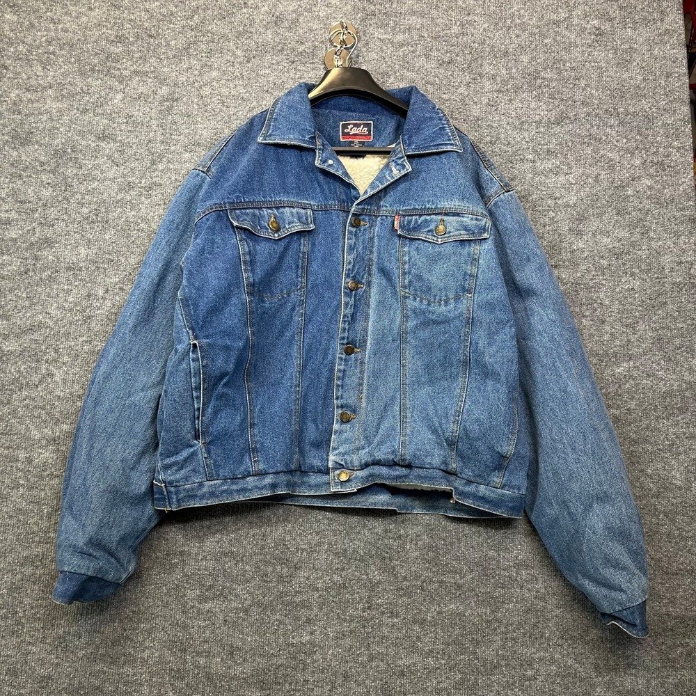 Vintage Lada Trucker Jacket Men's Blue Denim Sherpa Lined Relaxed Workwear - 2XL